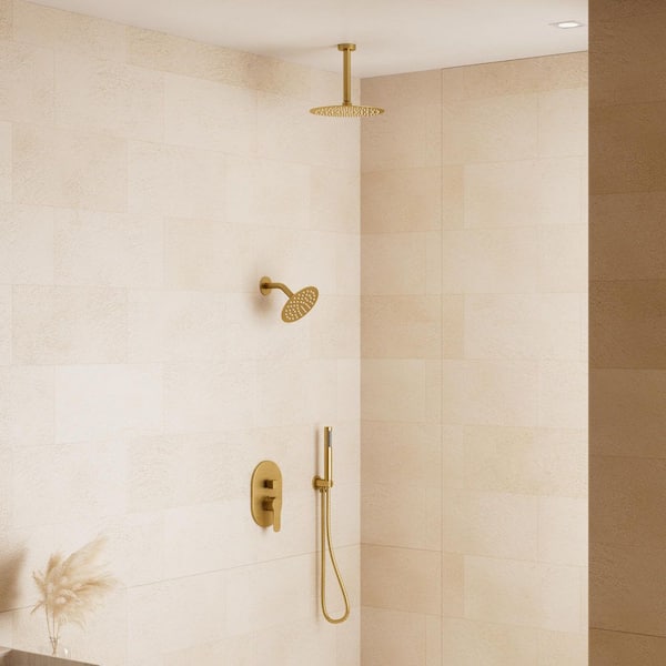 Crozet 3-Spray 10 in. Ceiling Mount Dual Fixed and Handheld Shower Head Shower Faucet 1.8 GPM in Brushed Gold