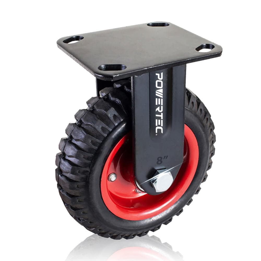 POWERTEC 8 in. Fixed Plate Caster Wheels, Heavy-Duty Industrial Plate Casters with Rubber Knobby Tread