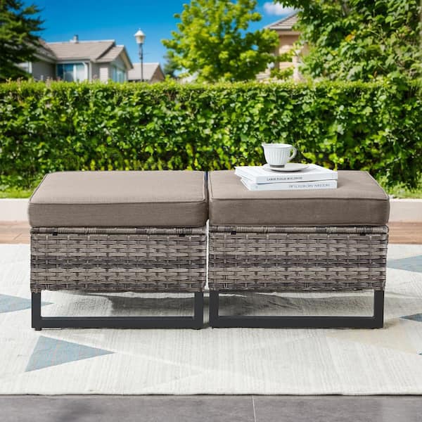 moosprr Gray Wicker Outdoor Ottoman with Gray Cushions (2-Pack)
