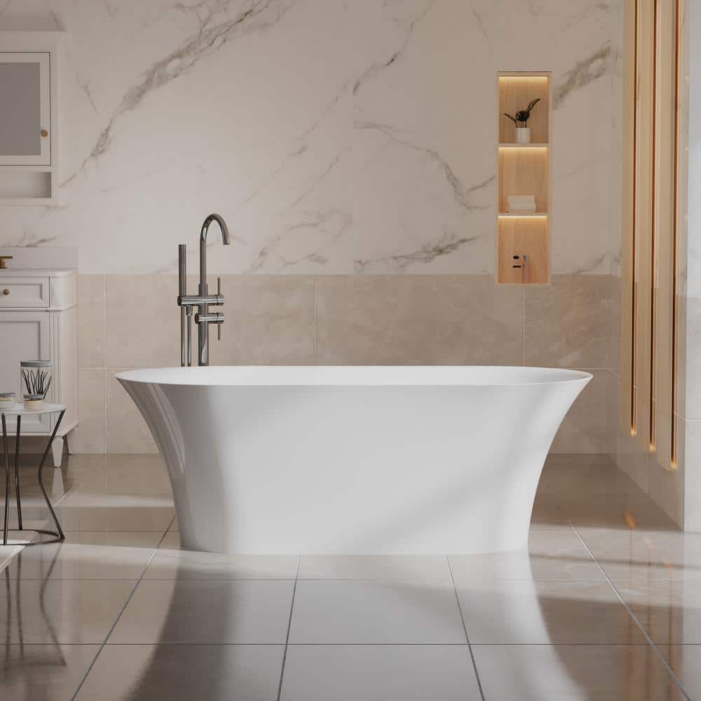67-Inch Glossy White Acrylic Freestanding Soaking Bathtub with Chrome Drain