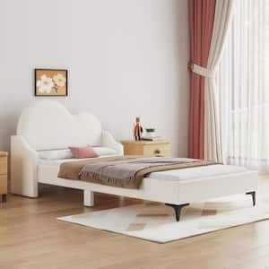 Beige Wood Frame Twin Size Upholstered Platform Bed with Cloud-Shaped Headboard