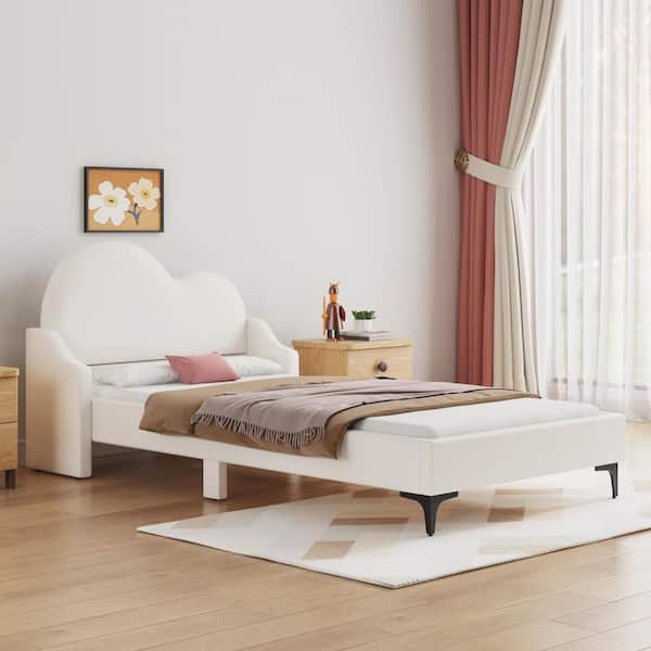 Qualler Beige Wood Frame Twin Size Upholstered Platform Bed with Cloud-Shaped Headboard