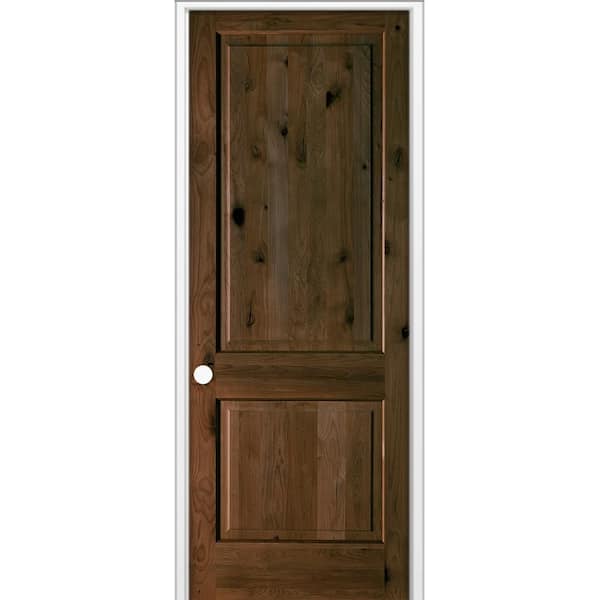 36 in. x 96 in. Rustic Knotty Alder 2 Panel Square Top Right-Hand Single BEHR Espresso Stain Wood Prehung Interior Door