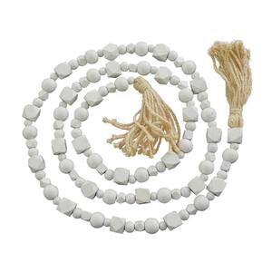 White Handmade Mango Wood Hexagon Carved Geometric Long Beaded Garland with Tassel