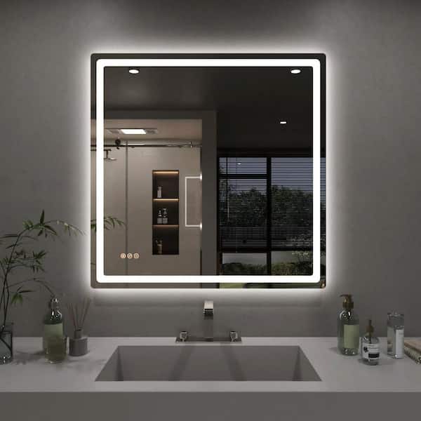 Eira 36 in. W x 36 in. H Round Corner Rectangular Frameless Wall Mount LED Bathroom Vanity Mirror in Polished Crystal
