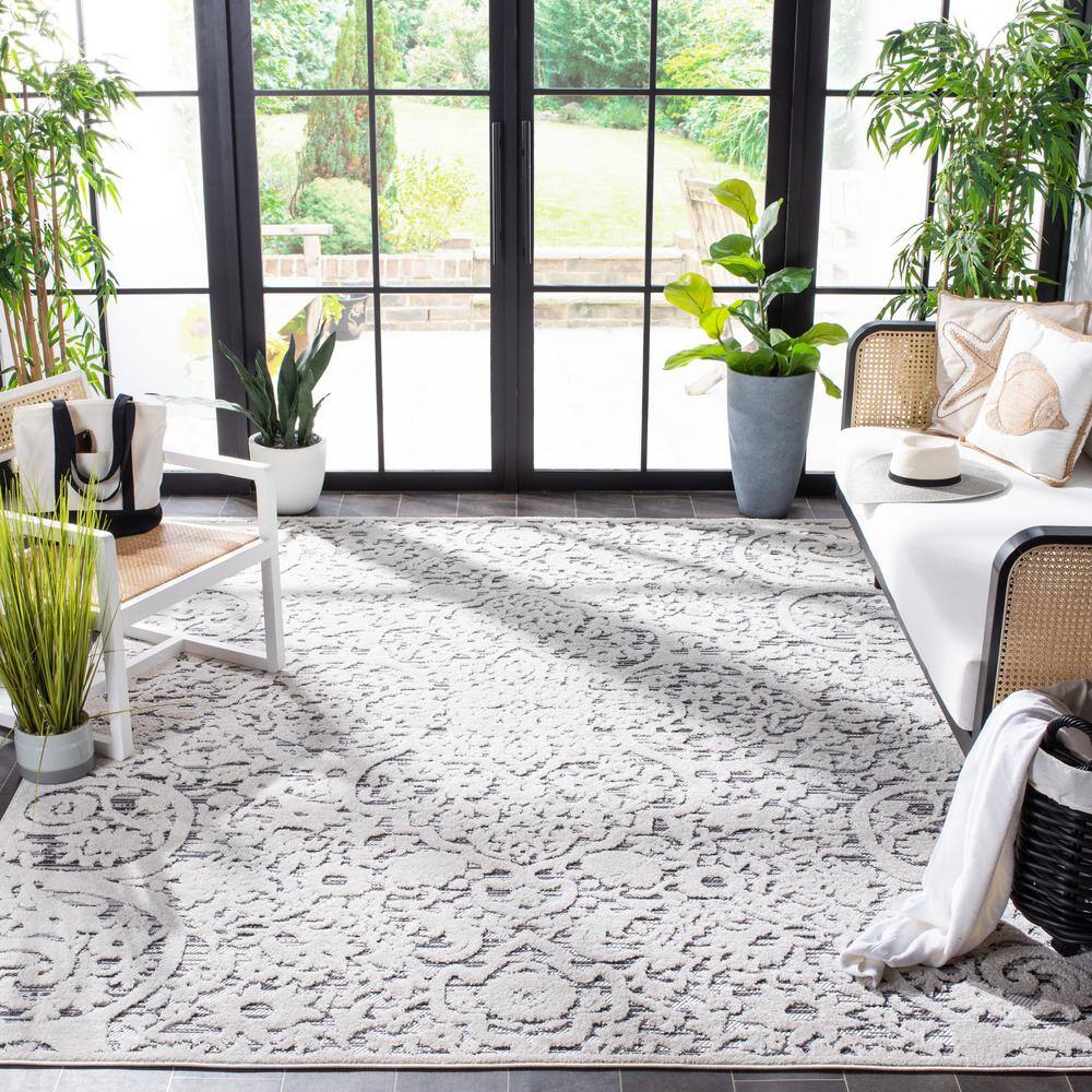 Cabana Floral Ivory & Grey Easy-Care Outdoor Rug - 54"x16"