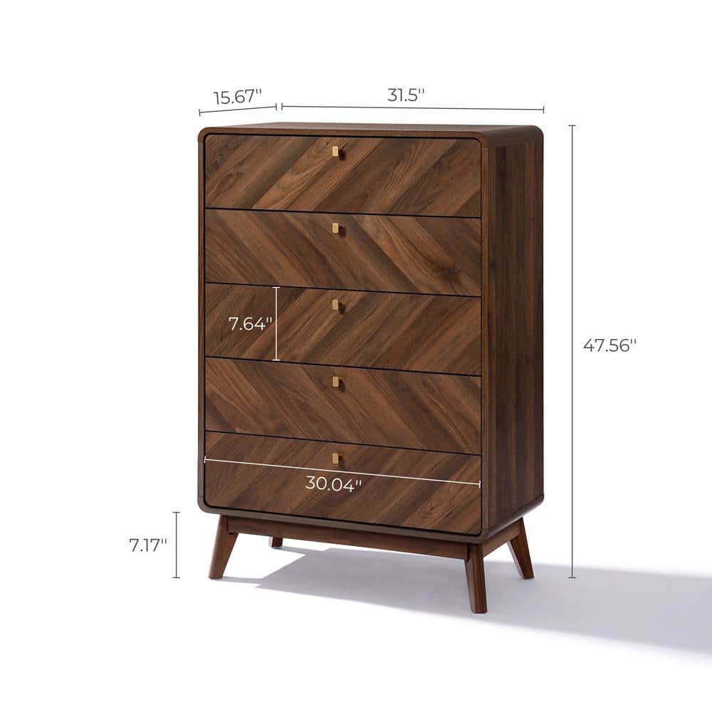 Walnut Brown Mid-century Modern 47.5-Inch Tall 5-Drawer Chest