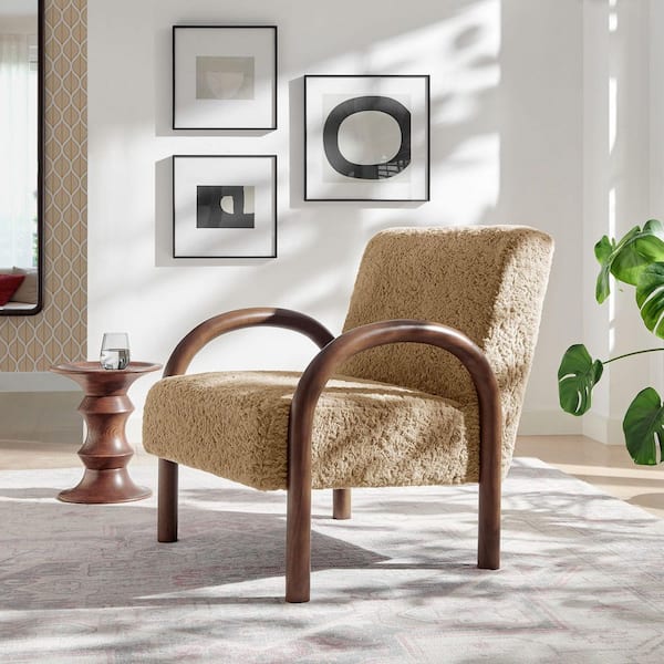 Lunet Faux Shearling Upholstered Accent Chair in Sand – Modern Fuzzy Lounge Armchair with Arched Wood Arms