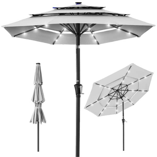 Angel Sar 10 ft. 3-Tier Market Solar Patio Umbrella with Tilt Adjustment, 8 Ribs and 24 LED Lights in Fog Gray