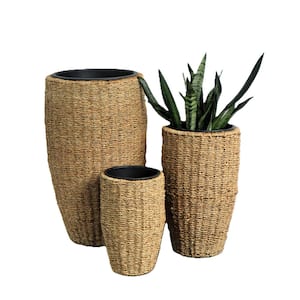 Eden Grace 3 Piece Seagrass Planter Pots Set with Plastic Lining, 3 Woven Baskets for Indoor & Outdoor Plants, 3 Sizes