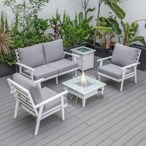 Walbrooke White 5-Piece Aluminum Square Patio Fire Pit Set with Grey Cushions, Slats Design and Tank Holder