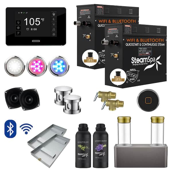 SteamSpa Black Series 18kW Steam Bath Generator with Continuous Steam Plus Quick Start and Aroma Scent Pump in Polished Chrome