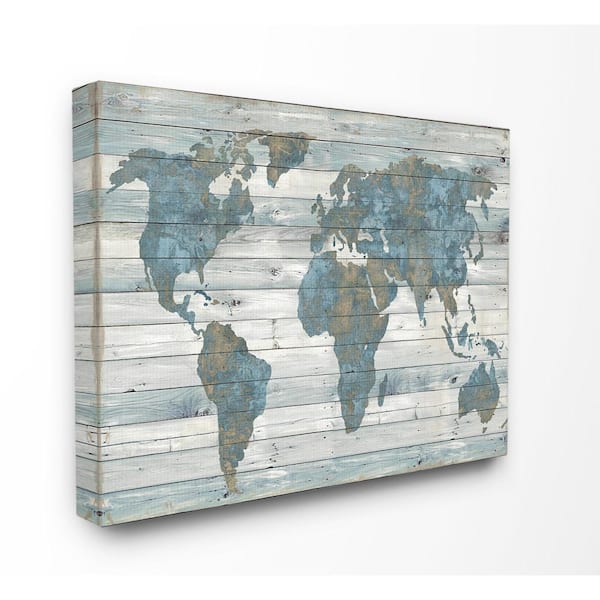 Stupell Industries 16 in. x 20 in. "Slate Blue and Tan Rustic Weathered World Map" by Artist Jamie MacDowell Canvas Wall Art