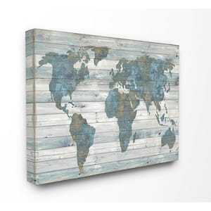24 in. x 30 in. "Slate Blue and Tan Rustic Weathered World Map" by Artist Jamie MacDowell Canvas Wall Art