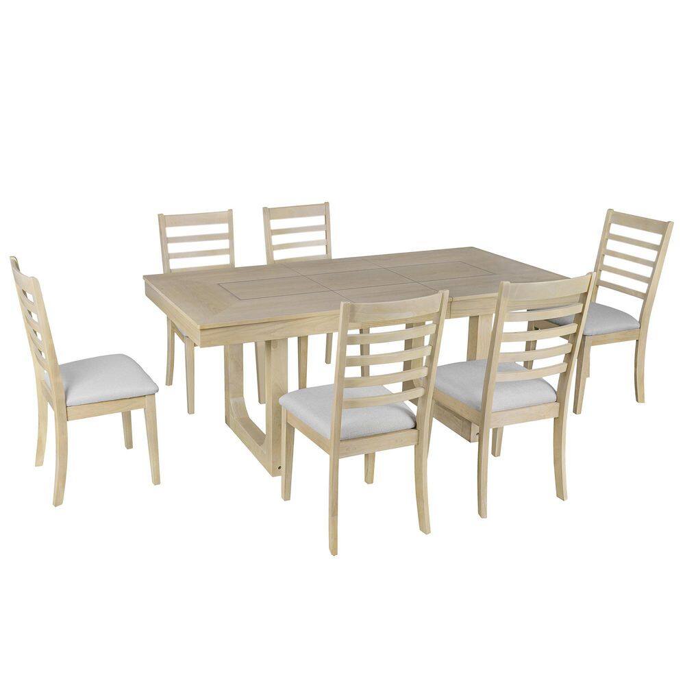 7-Piece Rectangular Natural Wood Top Dining Table Set Seats 6 with Rustic Wooden Kitchen Table and 6 Upholstered Chairs