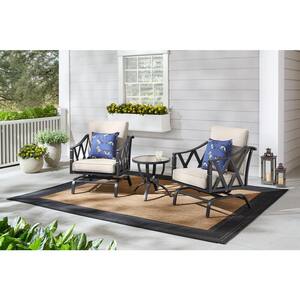 Harmony Hill 3-Piece Black Steel Outdoor Patio Motion Conversation Set with CushionGuard Almond Tan Cushions