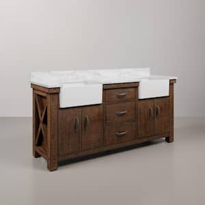 Paisley 72 in. W x 22 in. D Vanity in Rustic Sienna with Marble Vanity Top in White with White Basin and Mirror