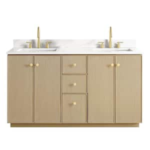 Oza 60 in.W x 22 in.D x 33.9 in.H Double Sink Bath Vanity in Natural Oak with White Quartz Stone Top