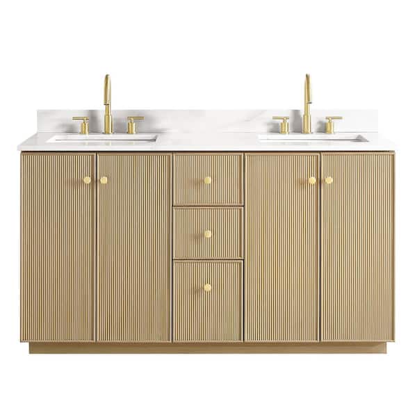 Oza 60 in.W x 22 in.D x 33.9 in.H Double Sink Bath Vanity in Natural Oak with White Quartz Stone Top