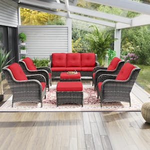 7-Piece Wicker Outdoor Patio Conversation Lounge Chair Sofa Set with Red Cushions and Ottomans