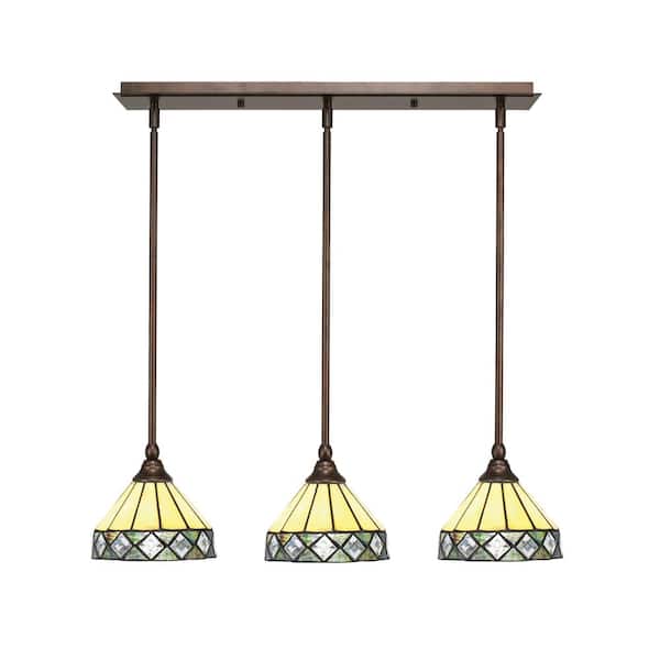 Unbranded Livingston 100-Watt 3-Light Bronze Shaded Pendant Light with 7 in. Diamond Peak Art Glass Shades, No Bulbs