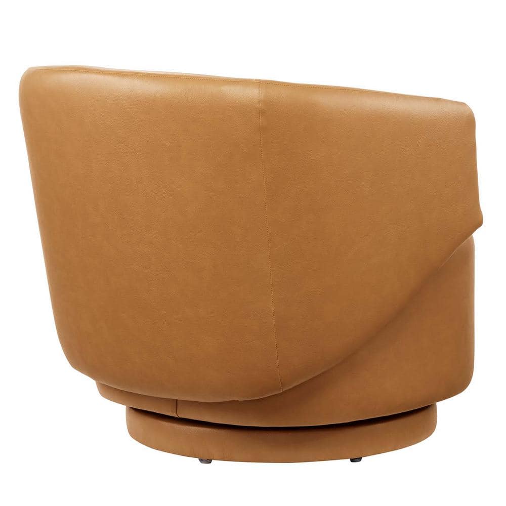 Tan Faux Leather Barrel Swivel Accent Chair with Wood Base