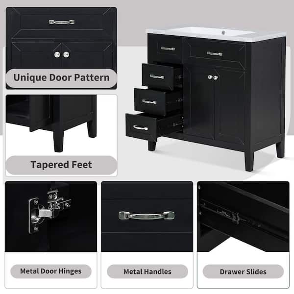 Ximuprmy 36 in. Bath Vanity Cabinet without Top in Black, Solid