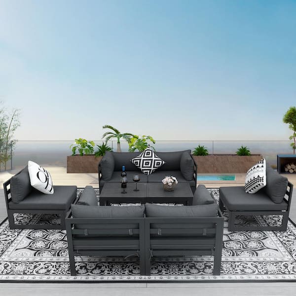 FINCATI 8 Piece Large Outdoor Aluminum Patio Conversation Sectional Deep Seating Set with Gray Cushions and Coffee Tables