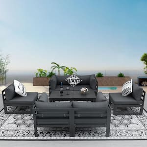 8 Piece Large Outdoor Aluminum Patio Conversation Sectional Deep Seating Set with Gray Cushions and Coffee Tables