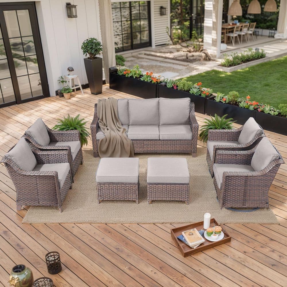 moosprr 7-Piece Brown Wicker Patio Conversation Set with