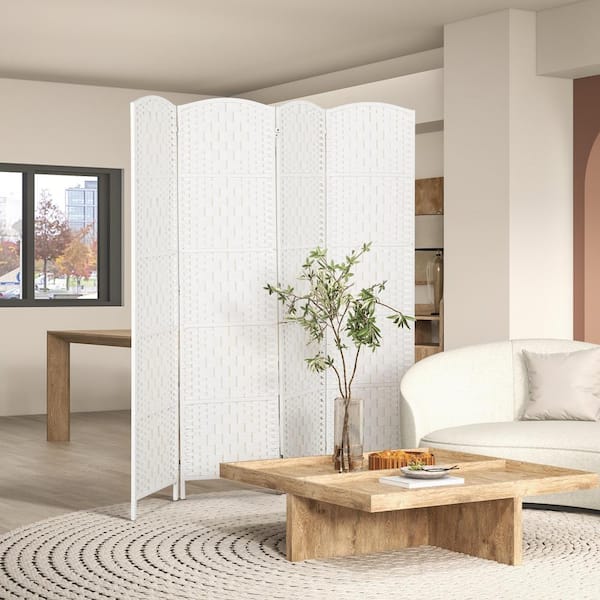 70.9 in. Room Divider, White 4-Panel Folding Privacy Screen, Portable Wicker Weave Partition Wall Divider for Bedroom
