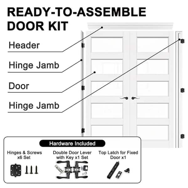 48 in. x 80 in. Universal 5-Lite Clear Glass White Solid Core Wood Double Prehung French Door with Quick Assemble Jamb