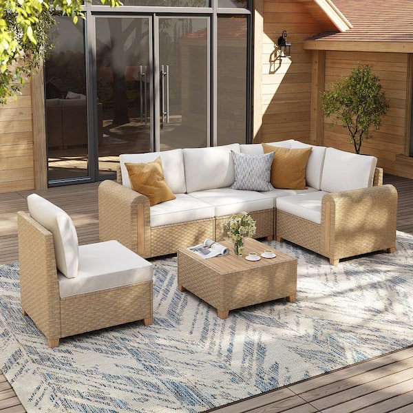 L-Shaped Natural PE Wicker Modular Outdoor Sectional Sofa Set with Wood Top Coffee Table, Beige Cushions