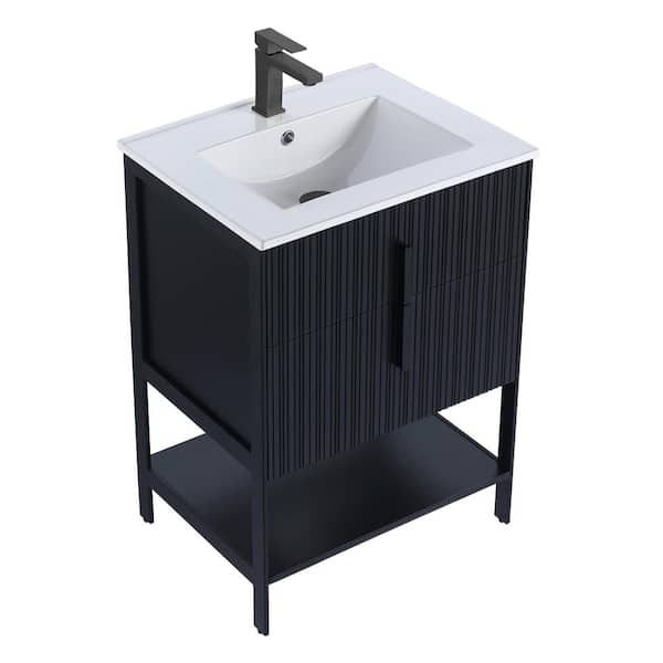 FINE FIXTURES 24 in. W x 18 in. D x 33.5 in. H in Black Matte Bath Vanity with White Ceramic Sink Top with Black Hardware