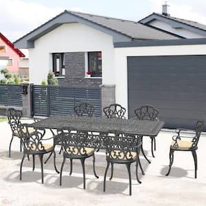 Lily Black 9-Piece Cast Aluminum Outdoor Dining Set with Rectangle Table and Dining Chairs with Random Color Cushion