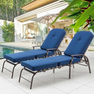 Dark Brown Adjustable Tufted Metal Outdoor Lounge Chair with Blue Cushion (2-Pack)