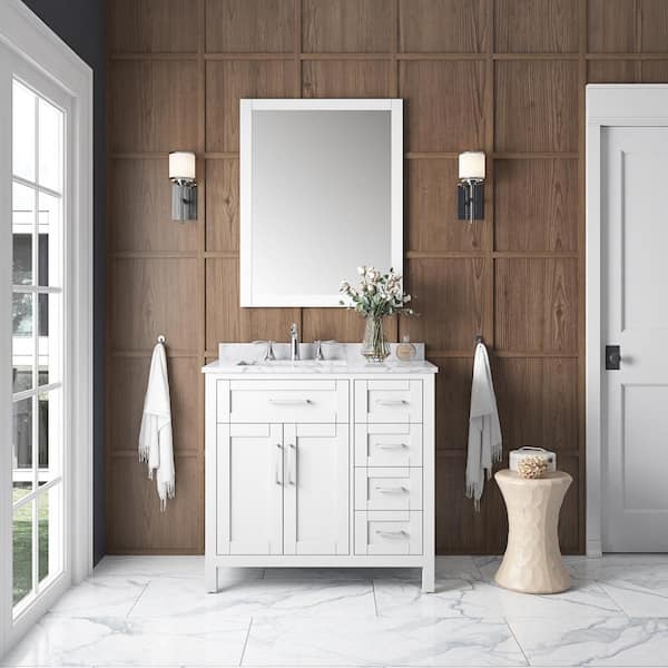 OVE Decors Tahoe 36 in. W x 21 in. D x 34 in. H Single Sink Bath Vanity in White with Carrara Marble Top with Mirror