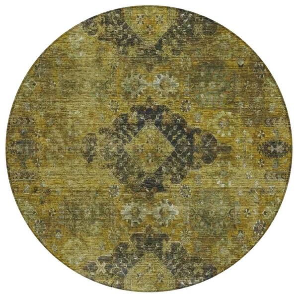 Chantille Machine Washable Indoor/Outdoor Abstract ACN2808 Gold 8 ft. x 8 ft. Round Rug
