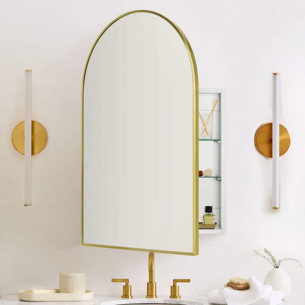 20 in. W x 30 in. H Arched Metal Framed Recessed and Surface Medicine Cabinet with Mirror in brushed Gold price history on PriceWatchPro