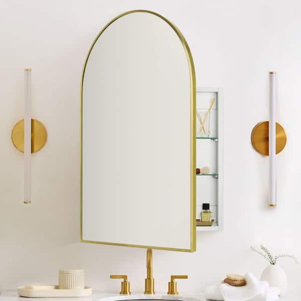 20 in. W x 30 in. H Arched Metal Framed Recessed and Surface Medicine Cabinet with Mirror in brushed Gold