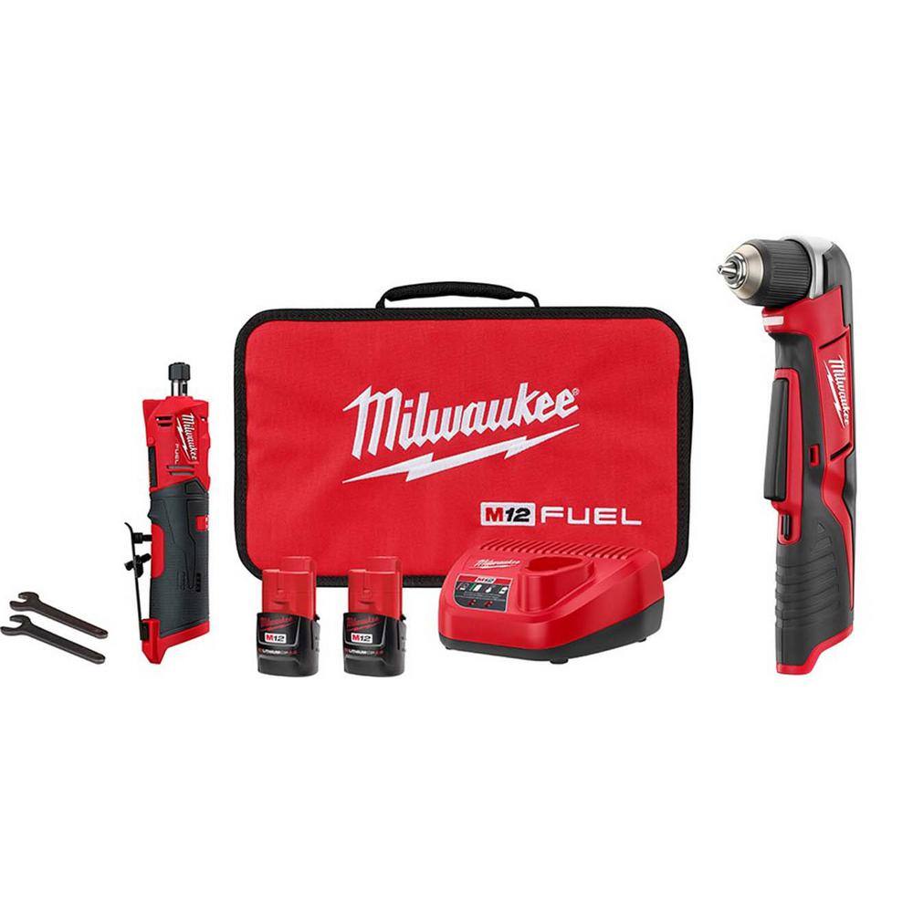 Milwaukee M12 FUEL 12V Lithium-Ion 1/4 in. Cordless Straight Die Grinder Kit w/M12 3/8 in. Right Angle Drill