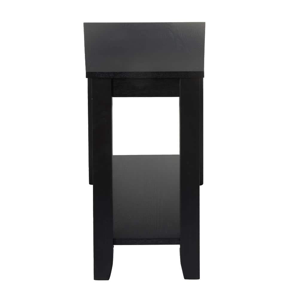 Black Triangular Wood Chairside Table with Shelf