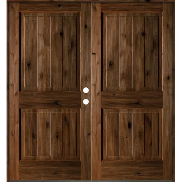 Krosswood Doors 72 in. x 80 in. Rustic Knotty Alder Square Top Provincial Stain/V-Groove Left-Hand Wood Double Prehung Front Door