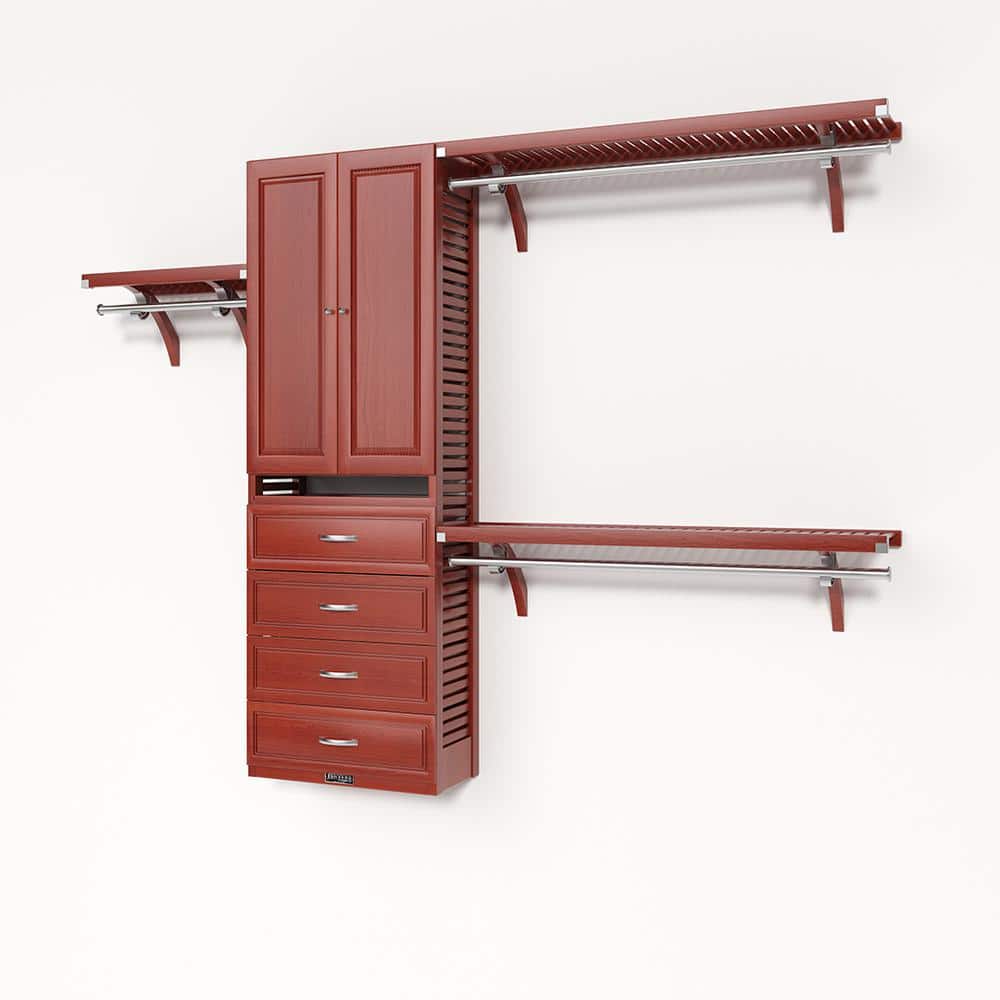 72 in. W - 120 in. W Red Mahogany Reach in with 4 Drawers and Wood Door 12 in. Shelf Wood Closet System