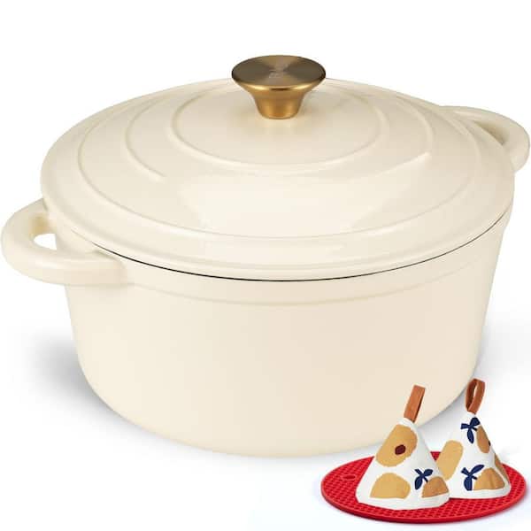 5.5 qt. Enameled Cast Iron Dutch Oven in Cream White with Lid Cookbook and Cotton Potholders, Heavy-Duty Cookware