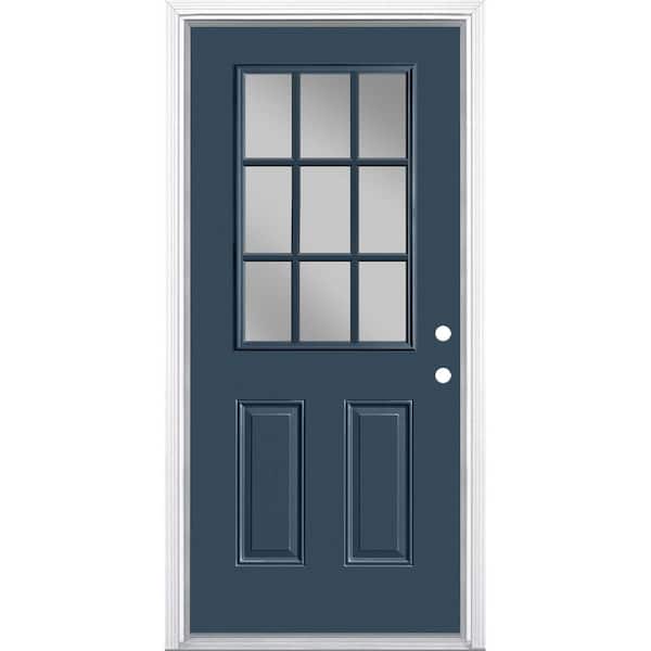 36 in. x 80 in. 9 Lite Left Hand Inswing Painted Steel Prehung Front Exterior Door with Brickmold