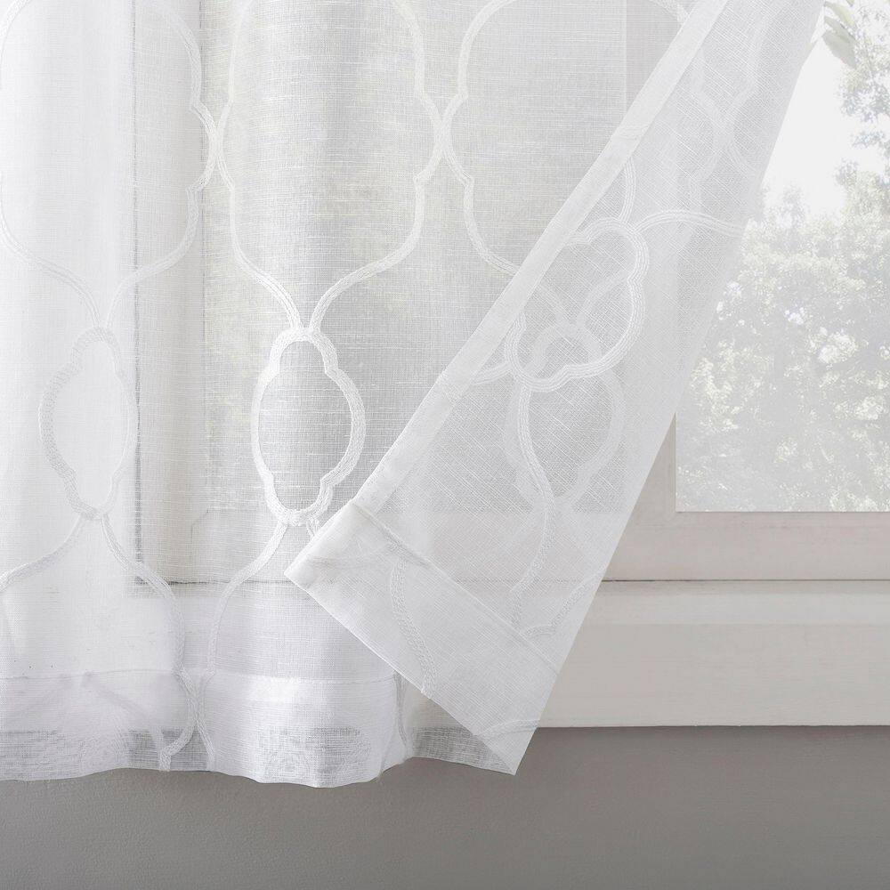 White Embroidered Trellis Light Filtering Kitchen Curtain Set