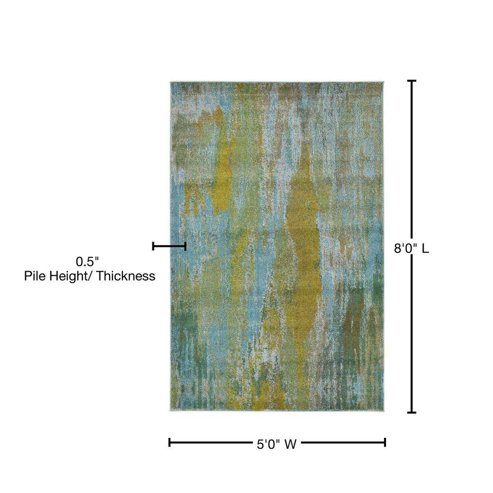 Turquoise and Gray Abstract Rectangular Area Rug, 5' x 8'