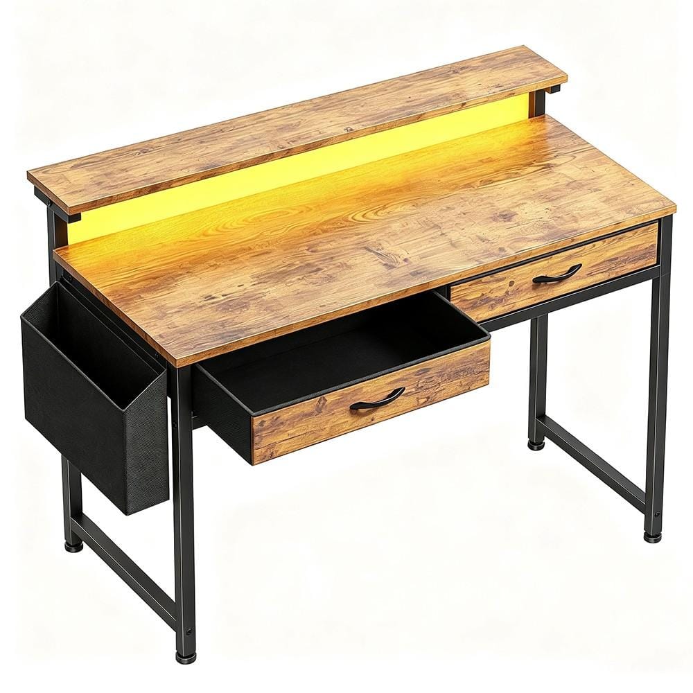 39 in. W Brown Metal Gaming Computer Desk with LED Light