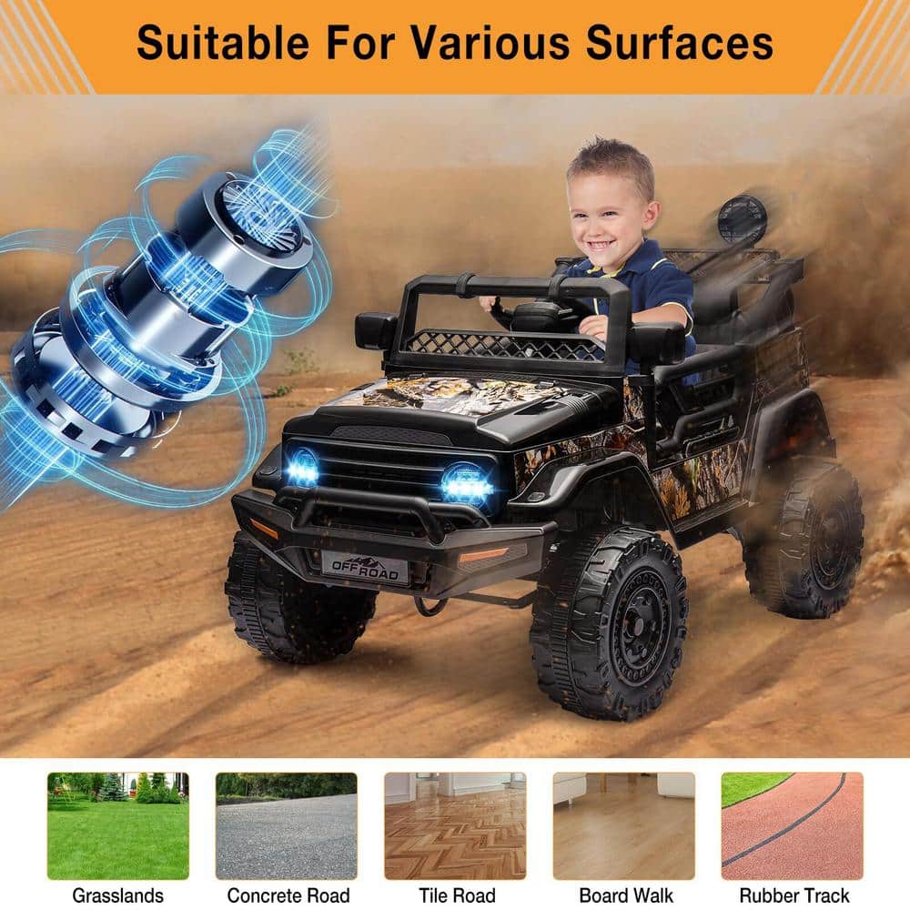 Black 12V Kids Electric Ride-On Truck with LED Lights and Remote Control